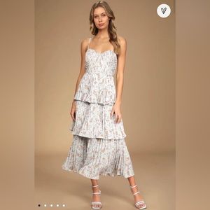 Lulus Cascading Crush Blue Floral Print Tiered Bustier Midi Dress Small